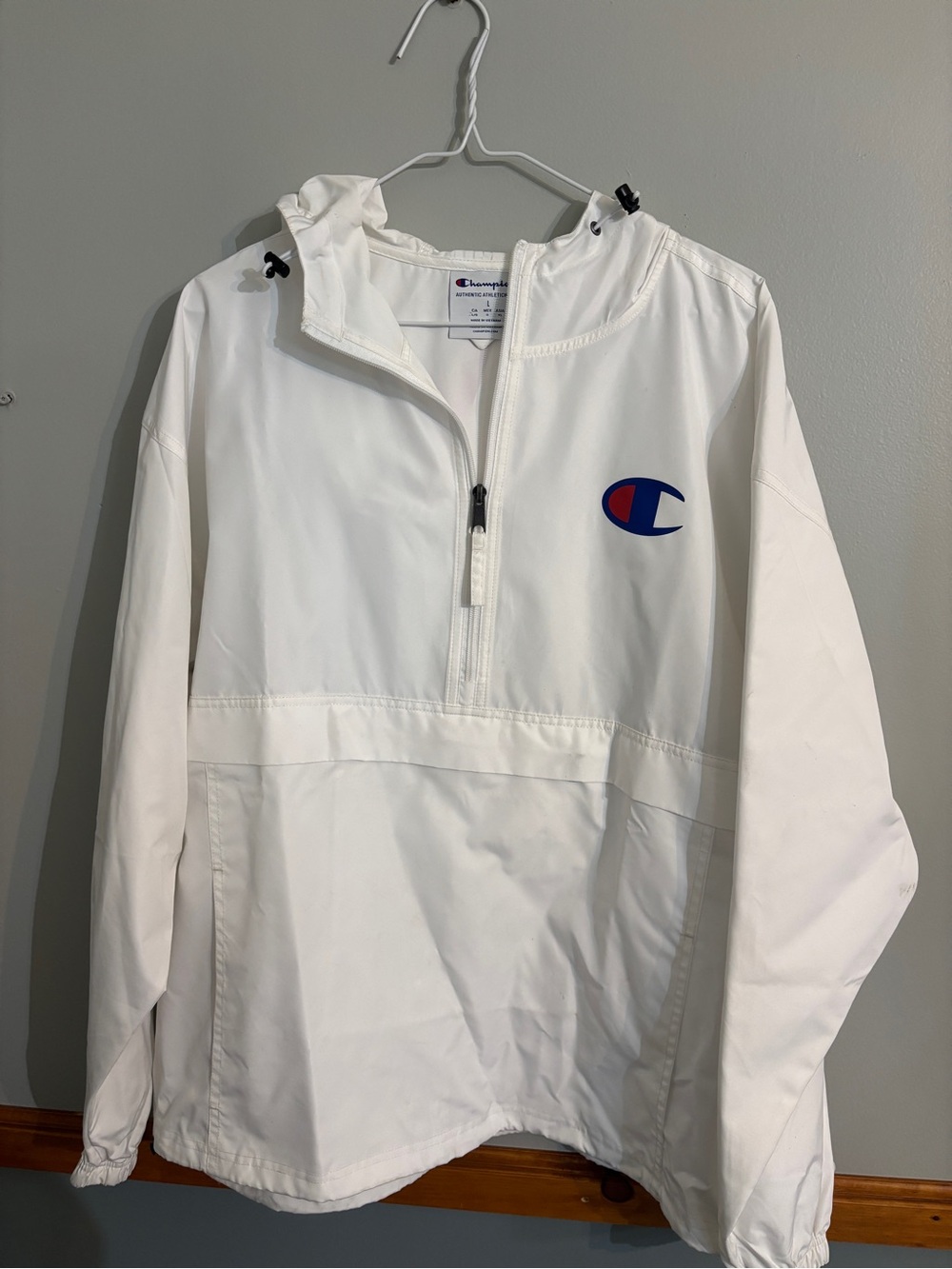Champion White Hooded Pullover Windbreaker with Blue & Red Logo